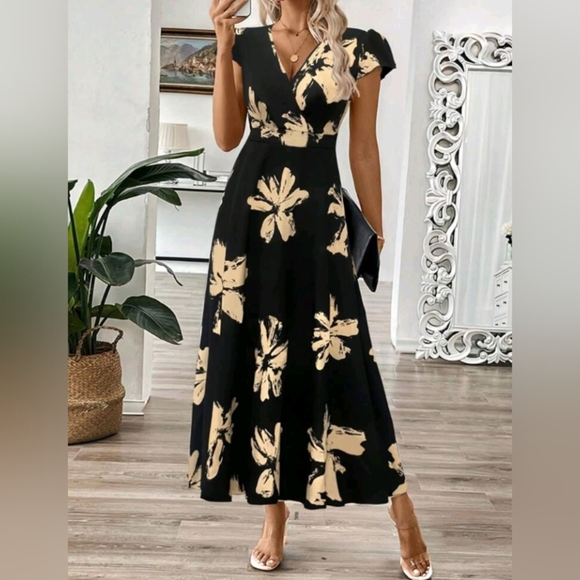 Women's Summer V-Neck Long Leaf Floral Print A-Line Waist Fit Dress - Picture 1 of 3